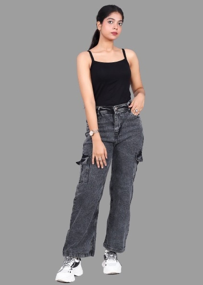 Buy SENDIPO Women High-Rise Straight Fit Cargo Jeans, Wide Leg