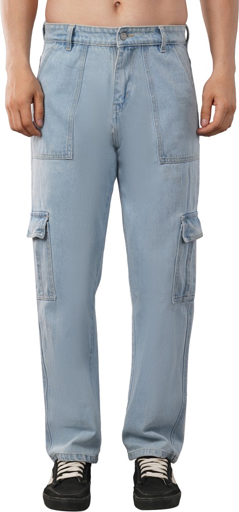 Blue Mid Rise Balloon Fit Cargo Jeans