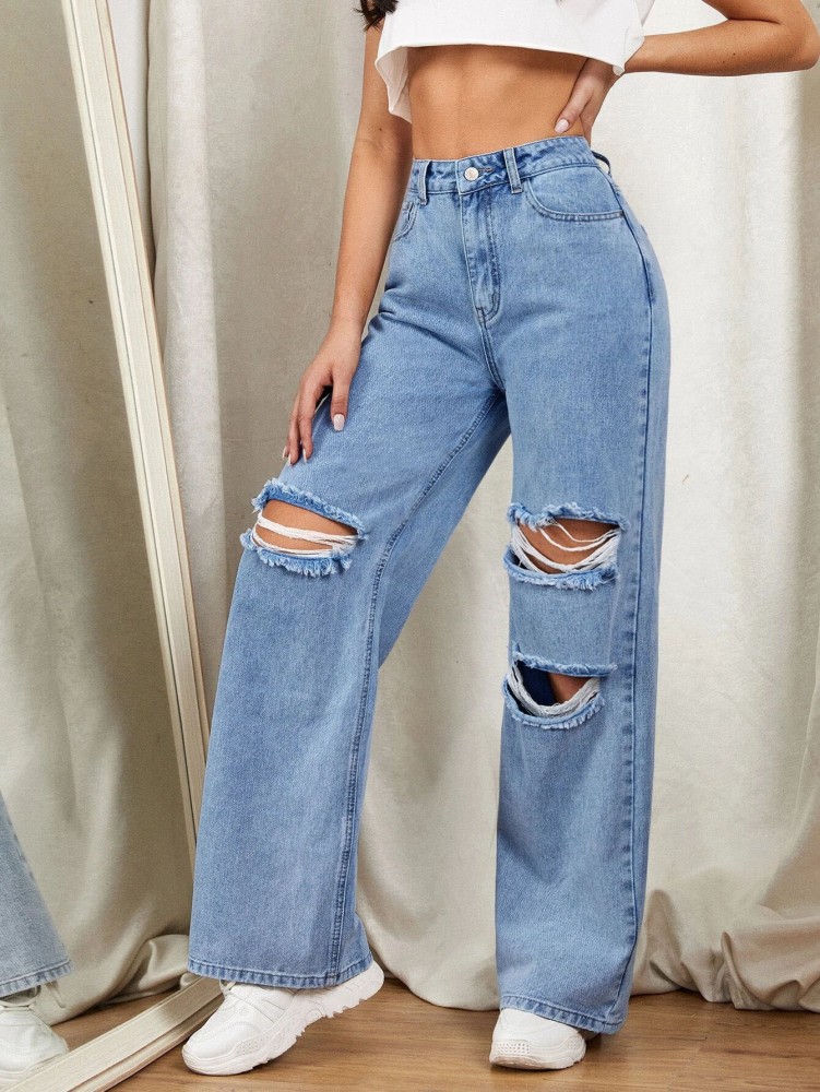 Buy Aahwan Solid Denim High Waist Wide Leg Jeans Pants for Women's