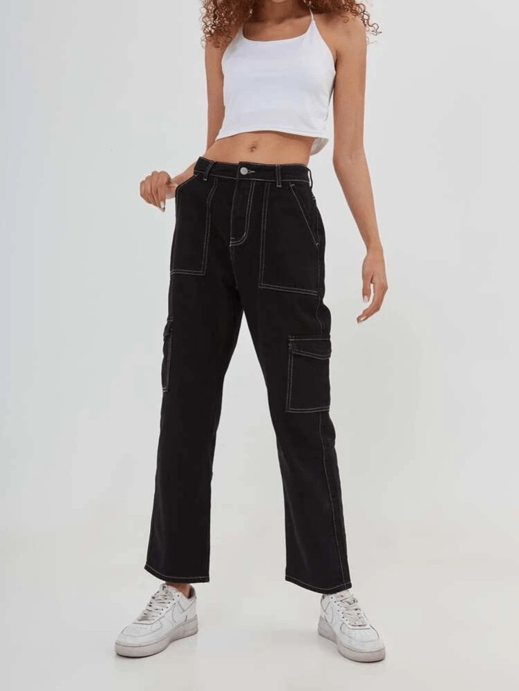 Buy Online Women Black Solid Y2K Cargo Trousers at best price  Plussin