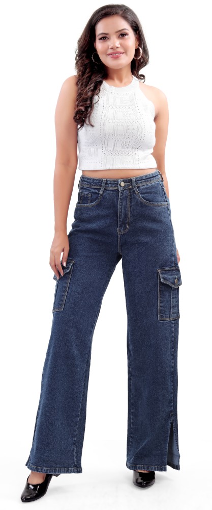 Women Straight Fit Cargo Pocket Jeans Women's Solid High, 44% OFF