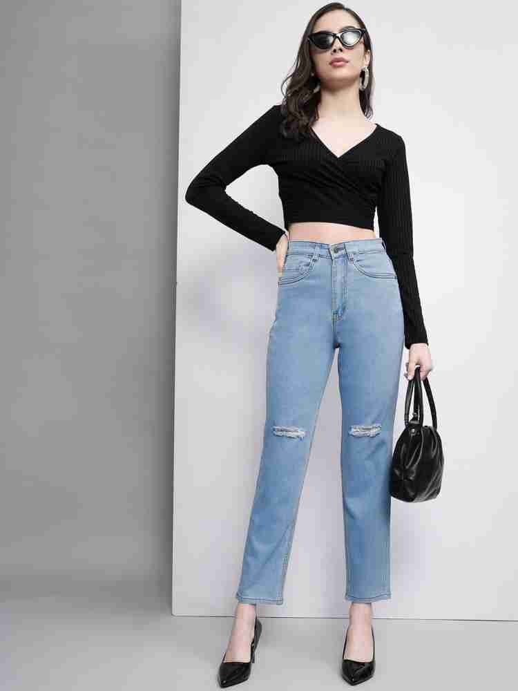 Buy Women Ice Blue Wide Leg Distressed Slit Jeans Online at Sassafras