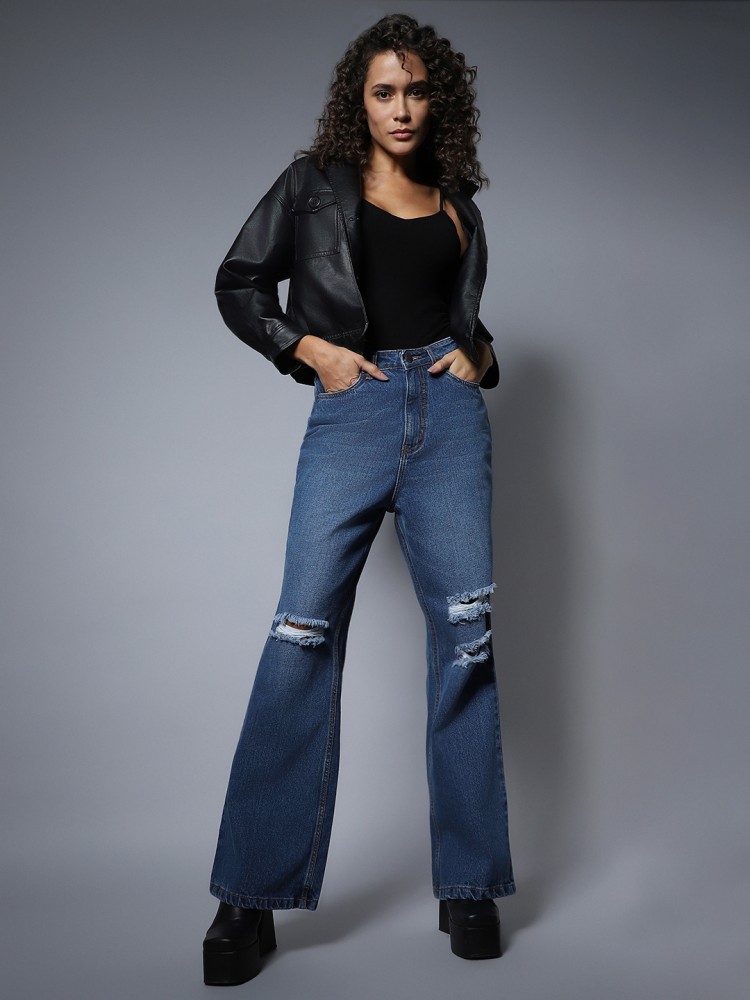 Buy BLUE HIGH-RISE WIDE LEG LONG DRAWSTRING JEANS for Women Online in India