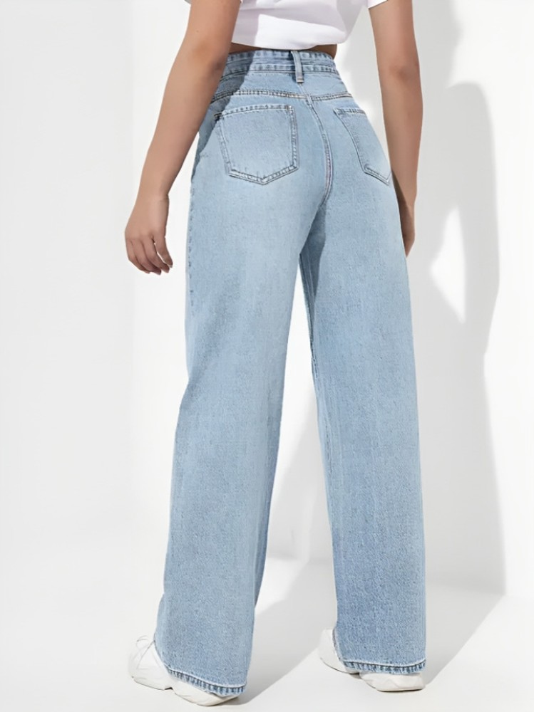 Buy SHEIN Women's Button Detail Baggy Jeans Blue L at