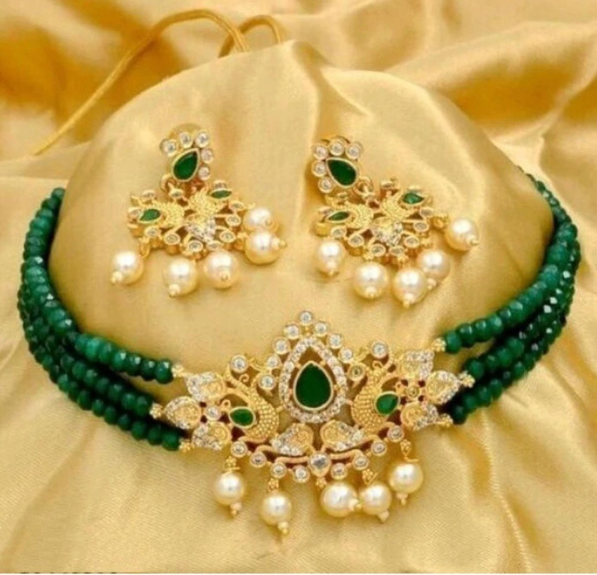 morpankh wedding jewllery set Brass Plastic Gold plated Green