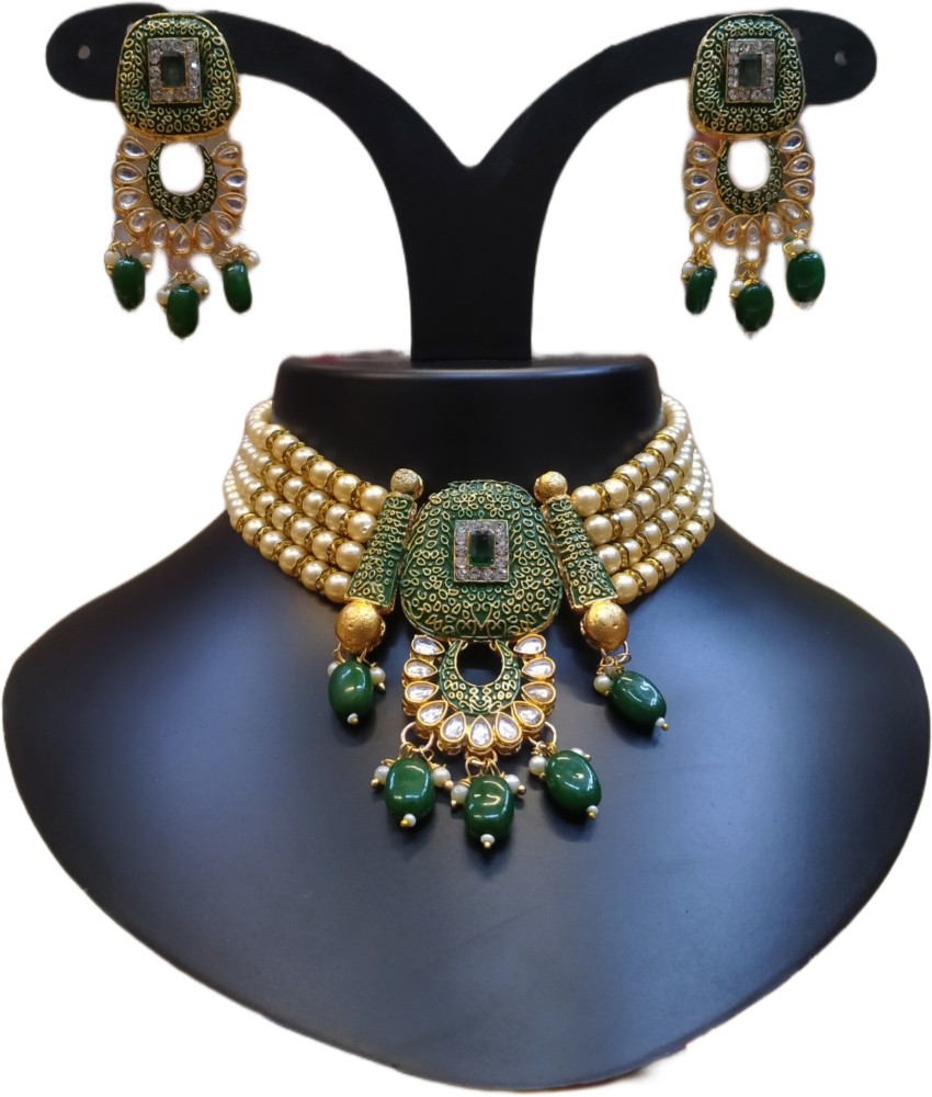 Women's Gold PlatedGreen CZ Crystal with Pearl Choker Necklace Set - i  jewels