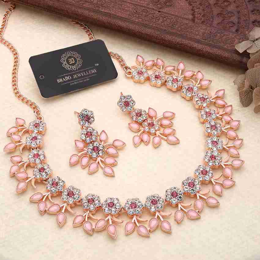 BR Jewellery PINK & Purple Color Rose Gold Plated Crystal Necklace Jewellery  Set with Earrings for