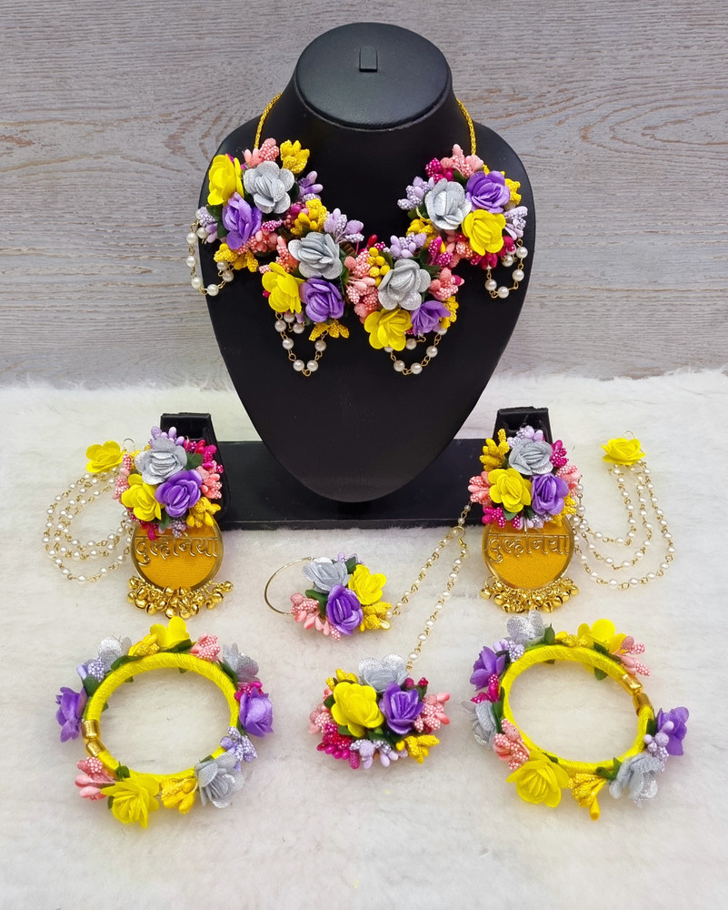 kalp creations Fabric Purple Grey Yellow Jewellery Set