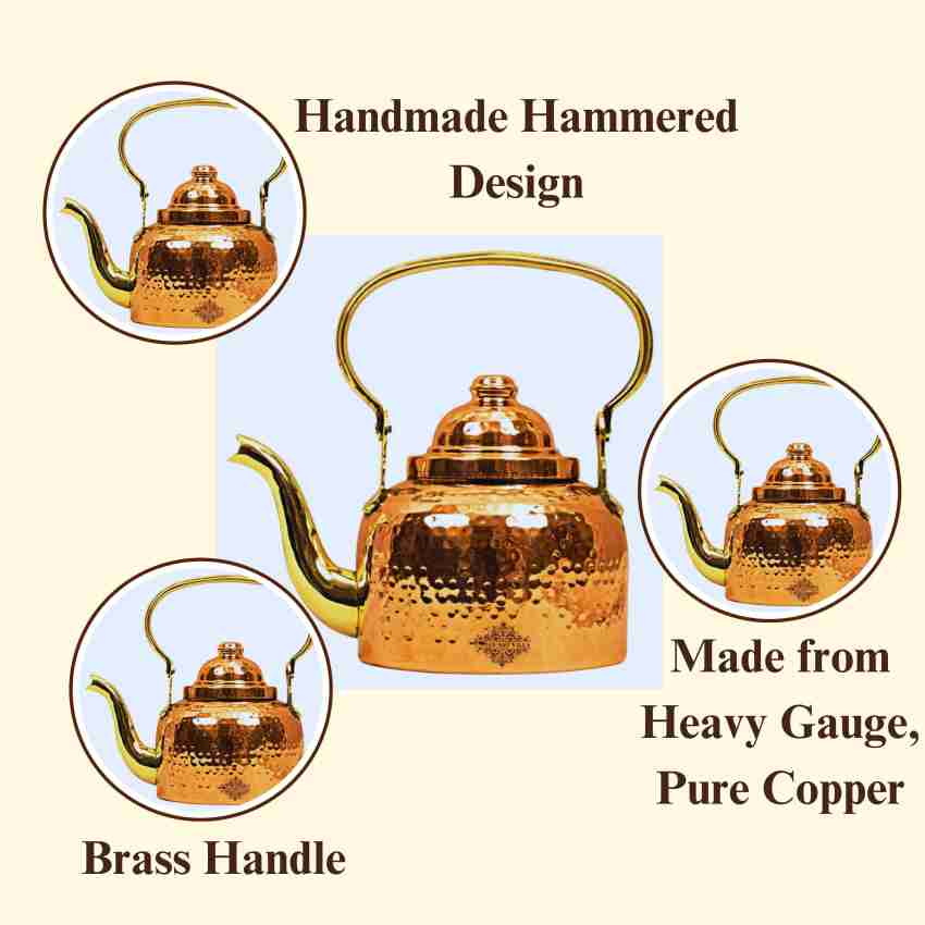 INDIAN ART VILLA Brass Hammered Design Tea Kettle Pot Inside Tin