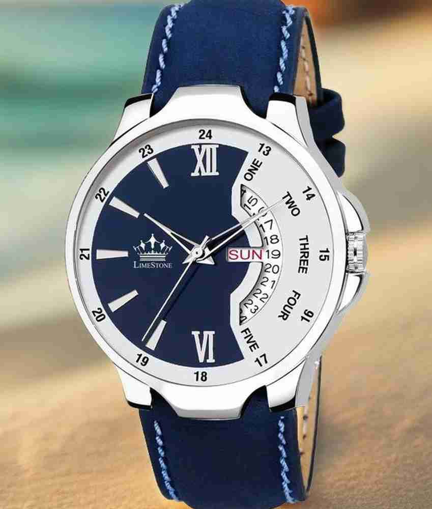 LIMESTONE Bleed Blue Day and Date Functioning Strap Adult Quartz Analog Watch For Men