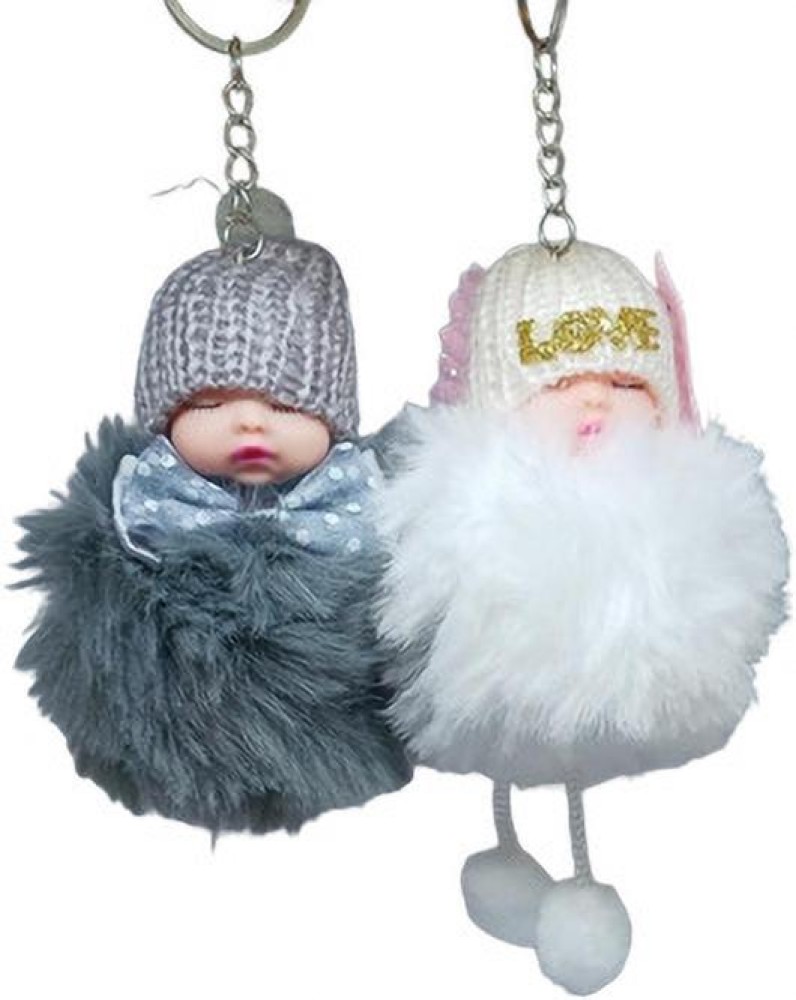 home cute small soft touch pom pom fluffy sleeping baby doll keychain/key  pendant ornaments /hangign key ring for bag accessories ki chain
