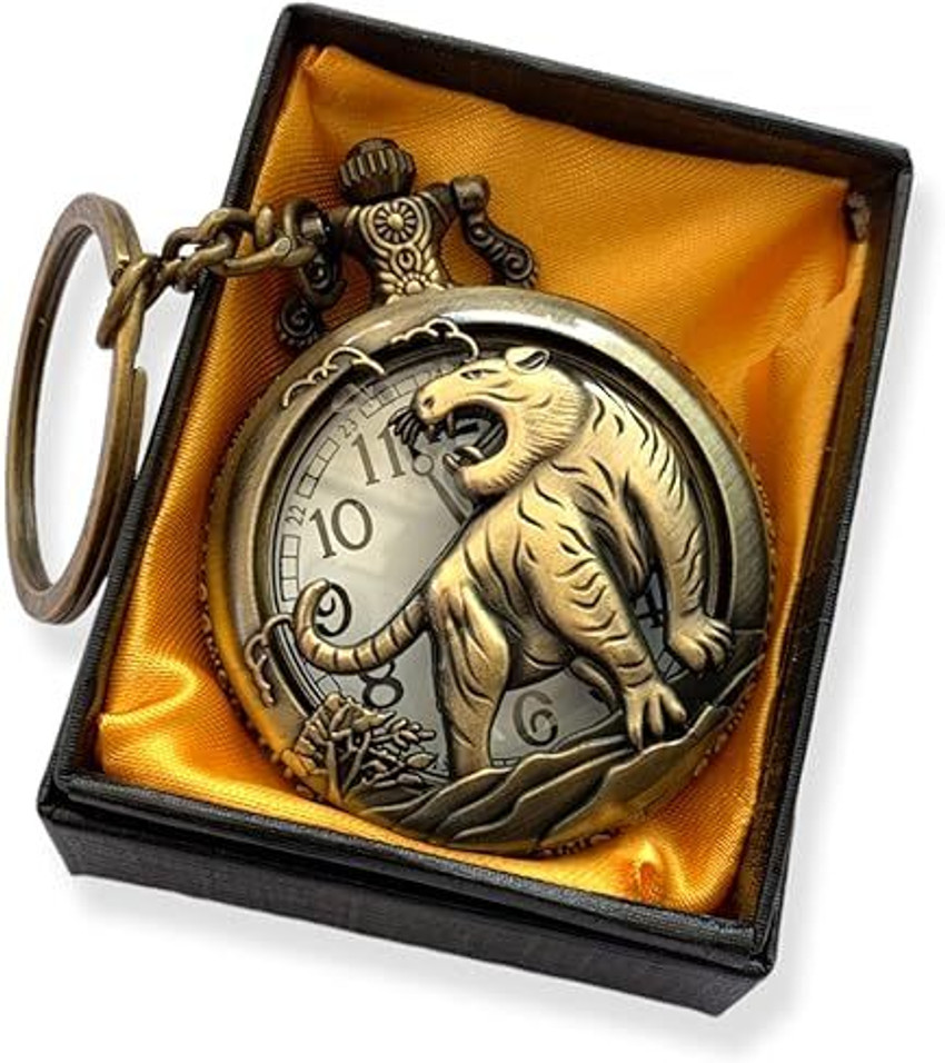 GKM Roaring Lion vintage style bronze metal pocket watch keychain