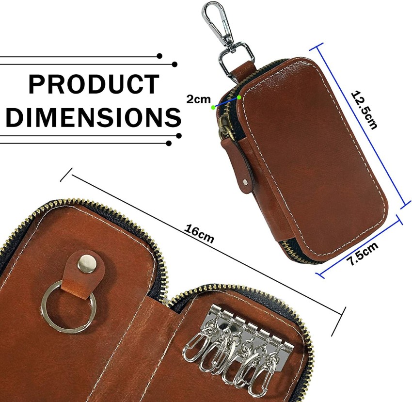 Genuine Leather Men's Key Holder Double Zip Around 6 Key Chain Wallet Case Tan