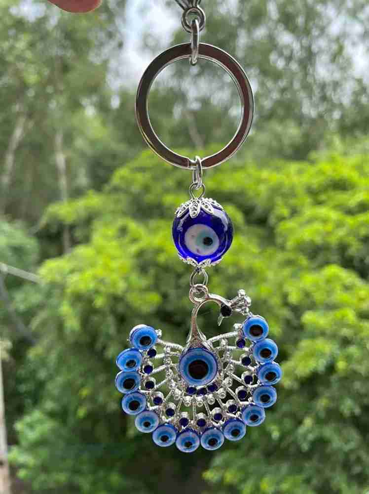 Lenity Blue and Silver Evil Eye Peacock Keychain For Bike Car