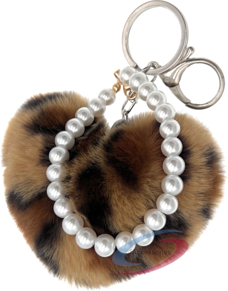 leopard pompom key chains Cute Heart Keychain Fluffy Leopard Pattern Heart  Shaped Heart Pom Pom plush fluffy furball keychain