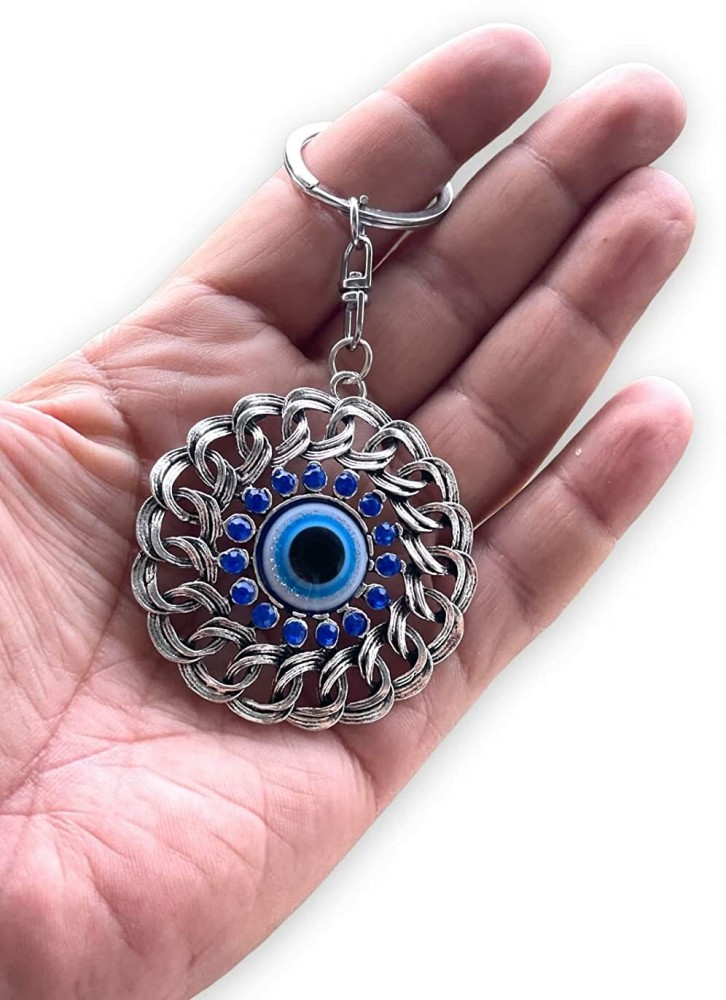 BLUE BEADS Blue and Silver Color Evil Eye Keychain for Bike/Car Gifting  with Key Ring Anti-Rust (Pack of 1)