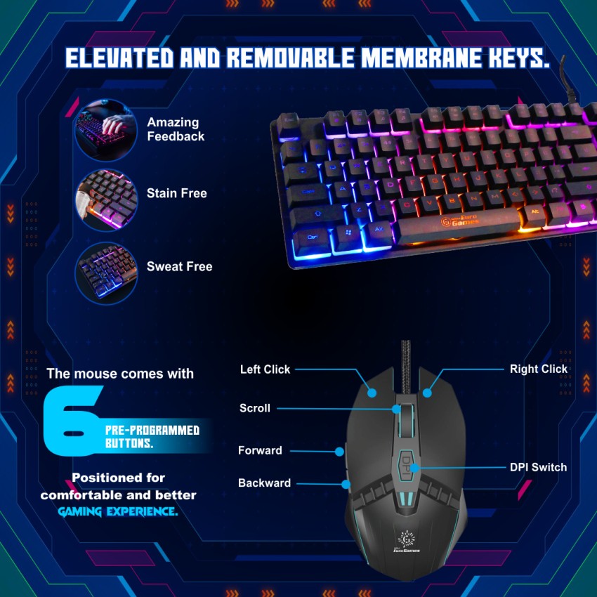 RPM Euro Games USB Gaming Keyboard and Mouse Set, 104 Keys with RGB  Backlit - Keyboard, Laser Carved Keycaps, Adjustable DPI Upto 3200, 7  Color RGB - Mouse