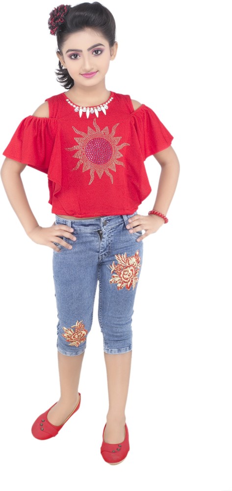 IndiWeaves Capri For Girls Casual Embroidered Pure Cotton Price in