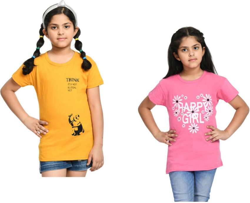 IndiWeaves Girls Printed Pure Cotton T Shirt - Round Neck