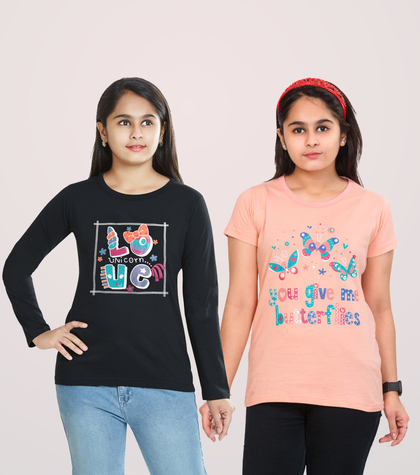 Flipkart kitz Girls Printed Pure Cotton T Shirt Round Neck