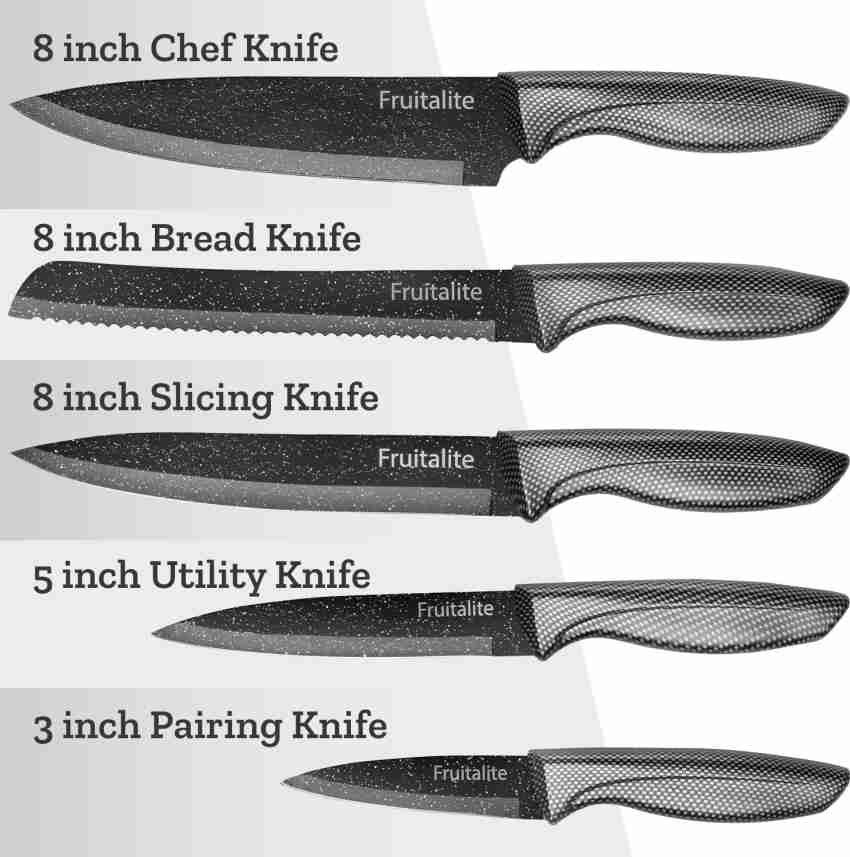 Fruitalite 7 Pc Stainless Steel Knife Set Kitchen with Acrylic Stand-  Non-Stick Coating, with Sharpener