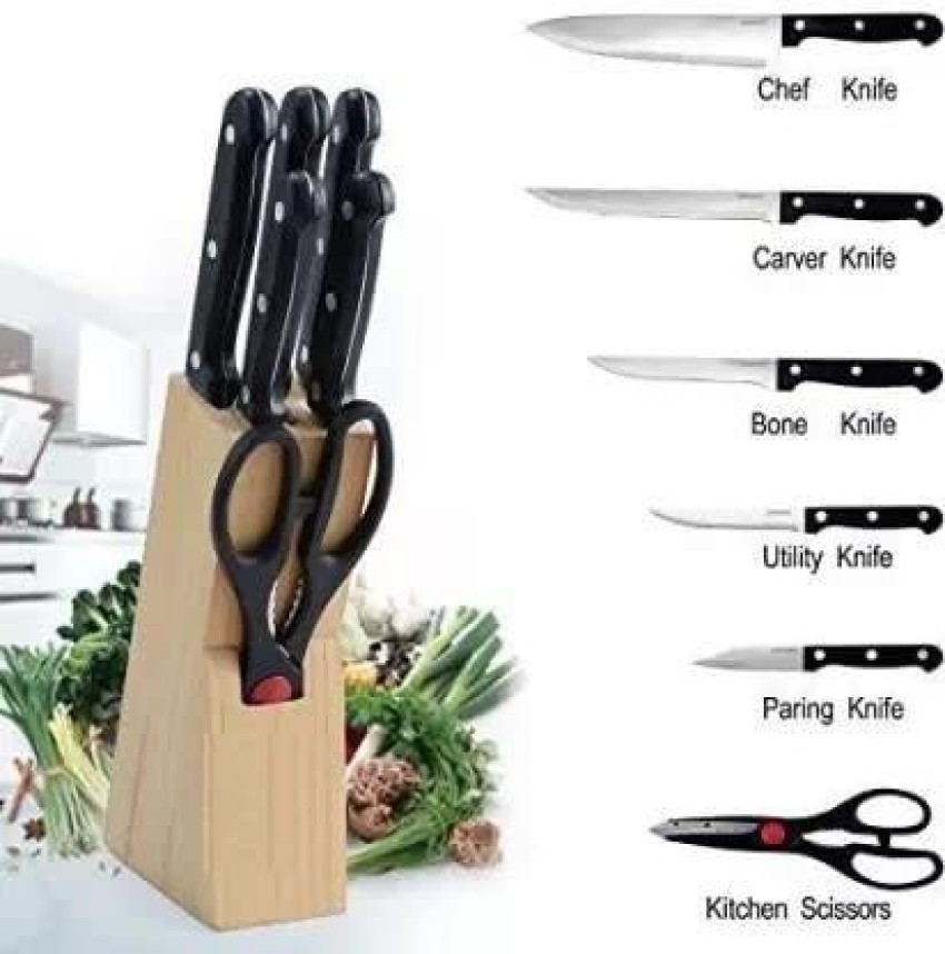 Fruitalite 7 Pc Stainless Steel Knife Set Kitchen with Acrylic Stand-  Non-Stick Coating, with Sharpener