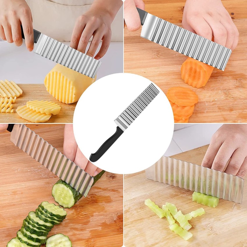 Crinkle Cutters, French Fry Slicer Stainless Steel Blade Wooden Handle Vegetable Salad Chopping Knife, 2 Pack
