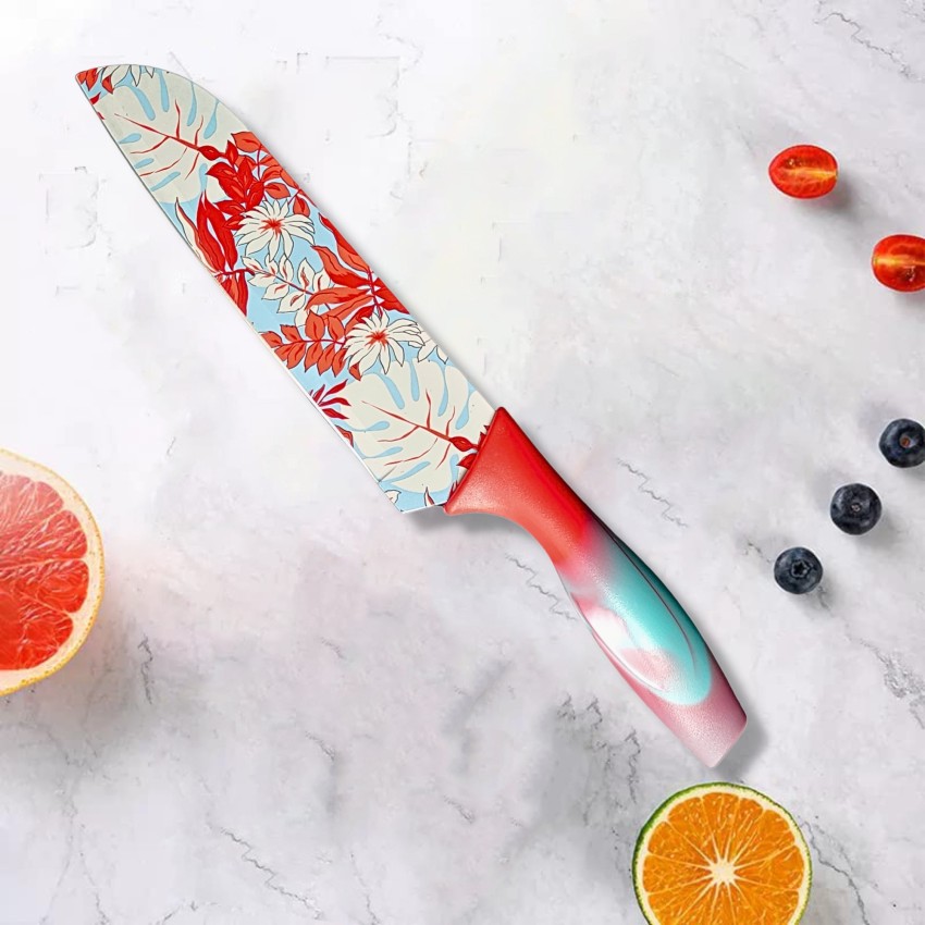 1pc Red Handle Fruit Printed Small Kitchen Knife With Cover