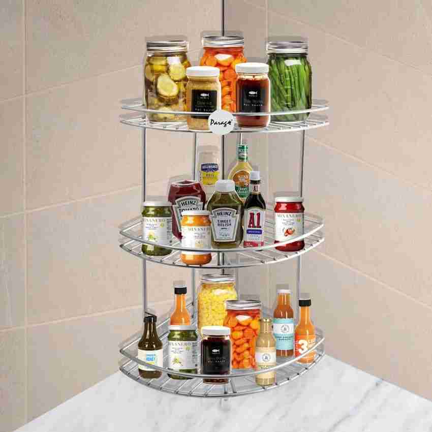 Parage Containers Kitchen Rack Steel Stainless Steel 3 Tier Multipurpose Storage Organizer Corner Stand for Kitchen and Bathroom Shelf Rack Bathroom Shelf Wall Mounted Chrome Finish Size 23 x 23 x 48