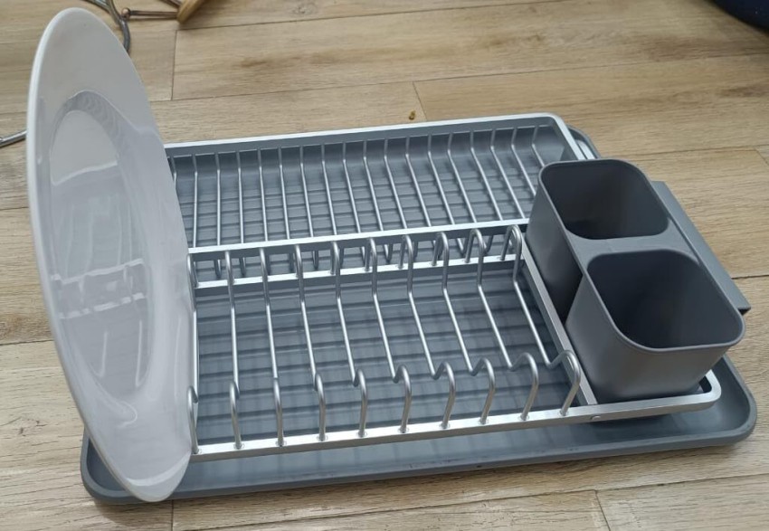 Kitchen Aluminum Dish Drying Rack Sink w/ Removable Plastic Drainer Tray,  Silver