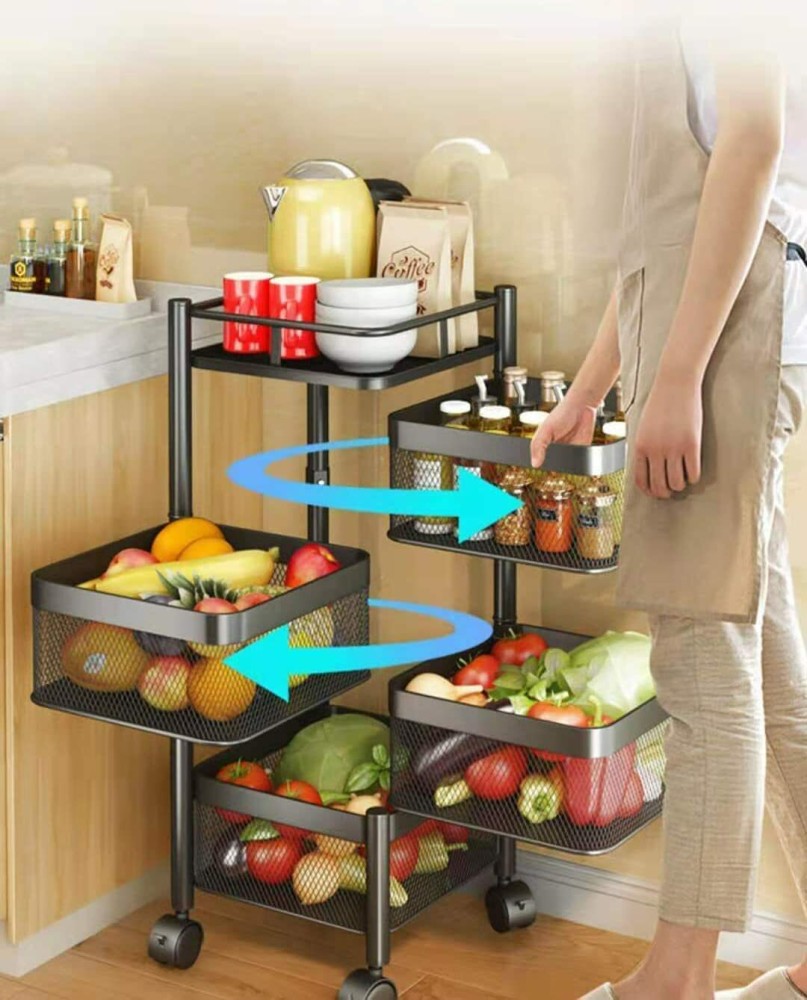 Kitchen Organizer Trolley Rotating Square Fruit Vegetables Basket