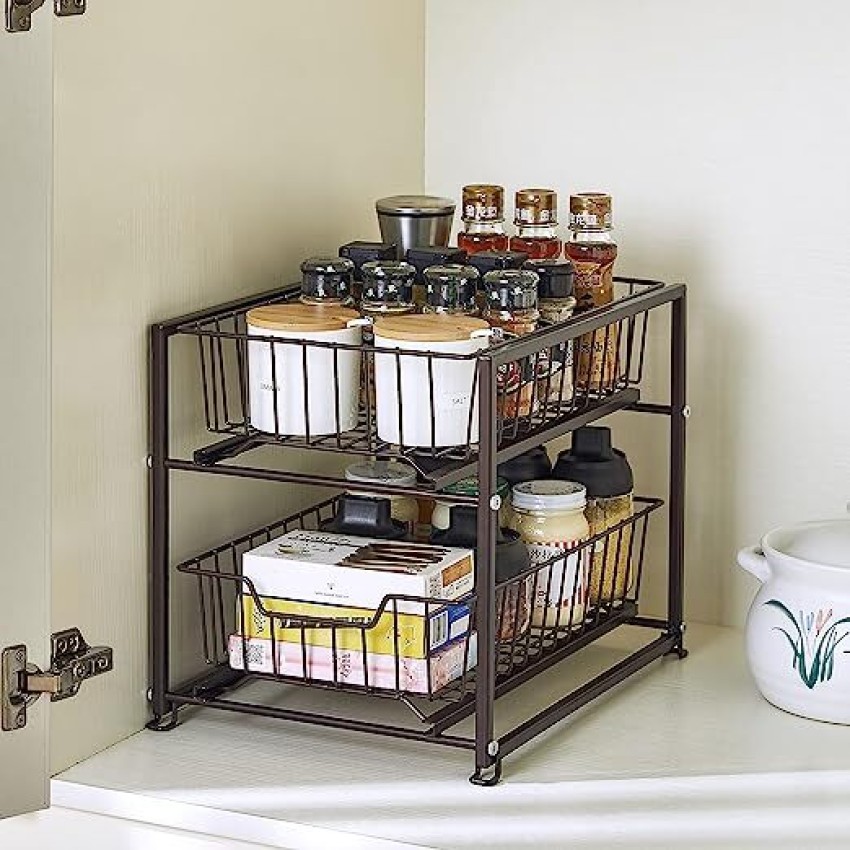 1pc 2-Tier Sliding Basket Drawer Organizer, Pull Out Under Sink Cabinets  Organizer, Metal Home Organizer Shelf, For Bathroom Or Kitchen, Sliding  Count