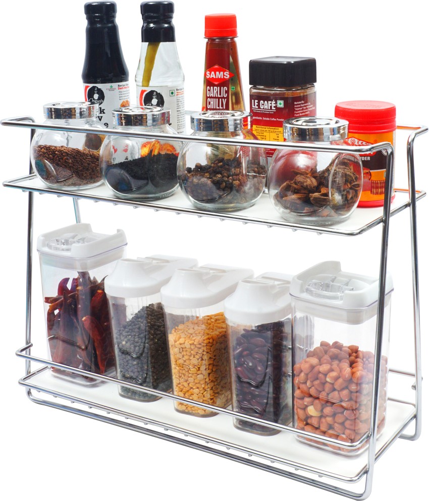 NEX Silver 2 Tier Standing Spice Jar Rack Kitchen Storage Organizer