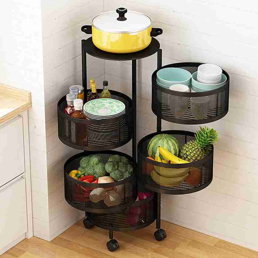 5-layer Kitchen Rotating Rack Multi-purpose Storage Rack Fruit and  Vegetable Basket Space Saving Metal Trolley Kitchen Organizer