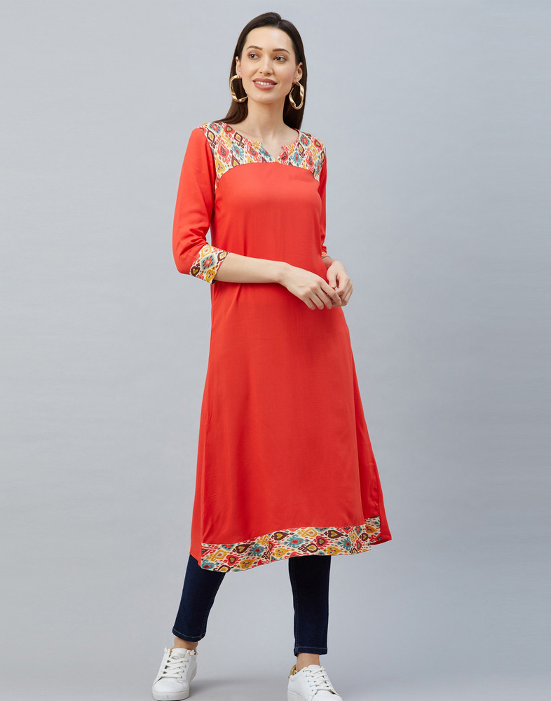Multi Orange Rayon Foil Print Ladies Kurti