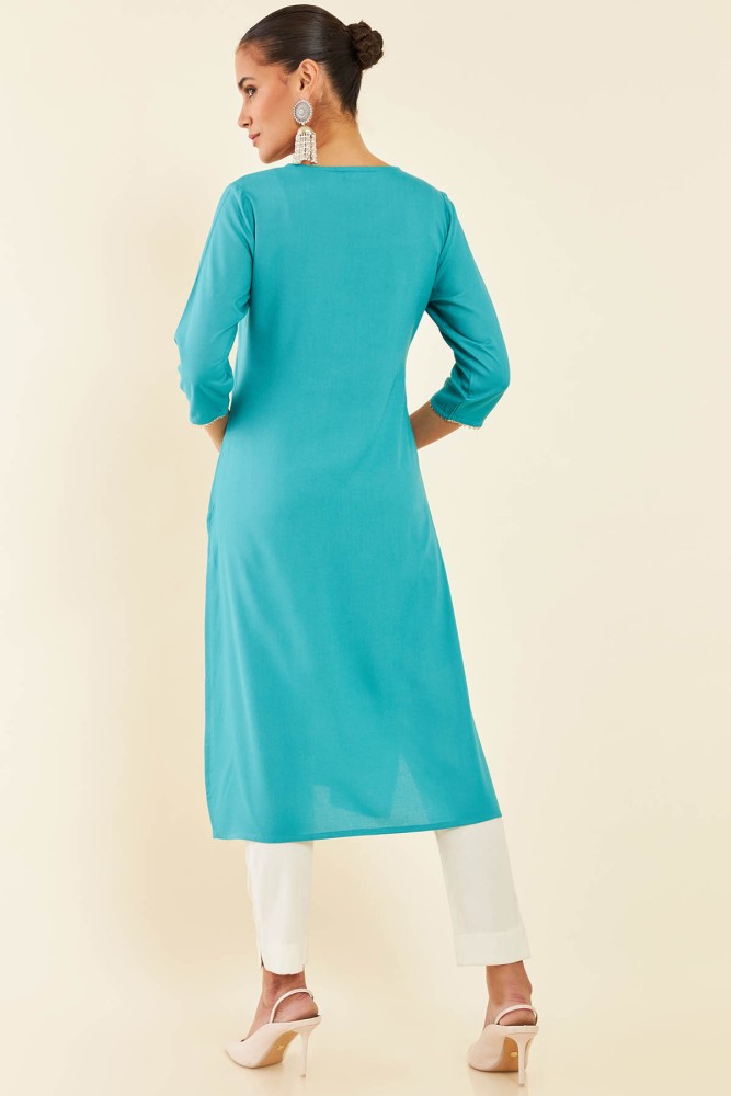 Green Viscose Rayon Striped Kurta With Embroidered Yoke Online at Soch India