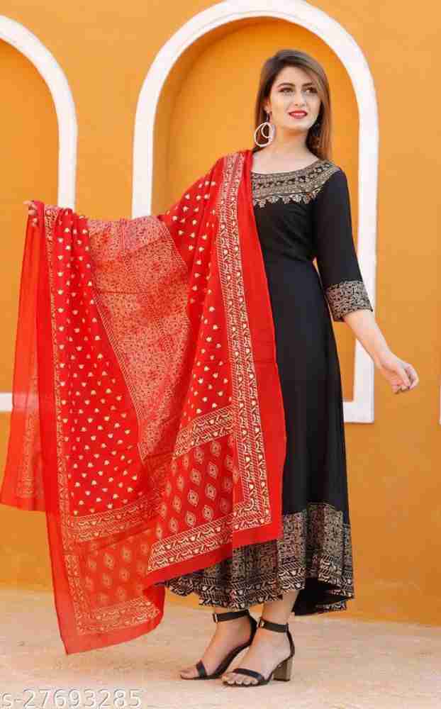 Black anarkali with red 2024 dupatta