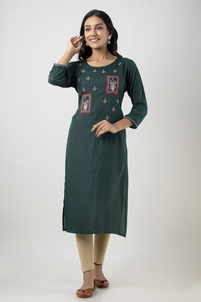 Green Viscose Rayon Striped Kurta With Embroidered Yoke Online at