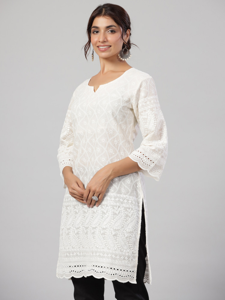 Buy Hand Embroidered Lucknowi Chikan White Georgette Kurti and Palazzo