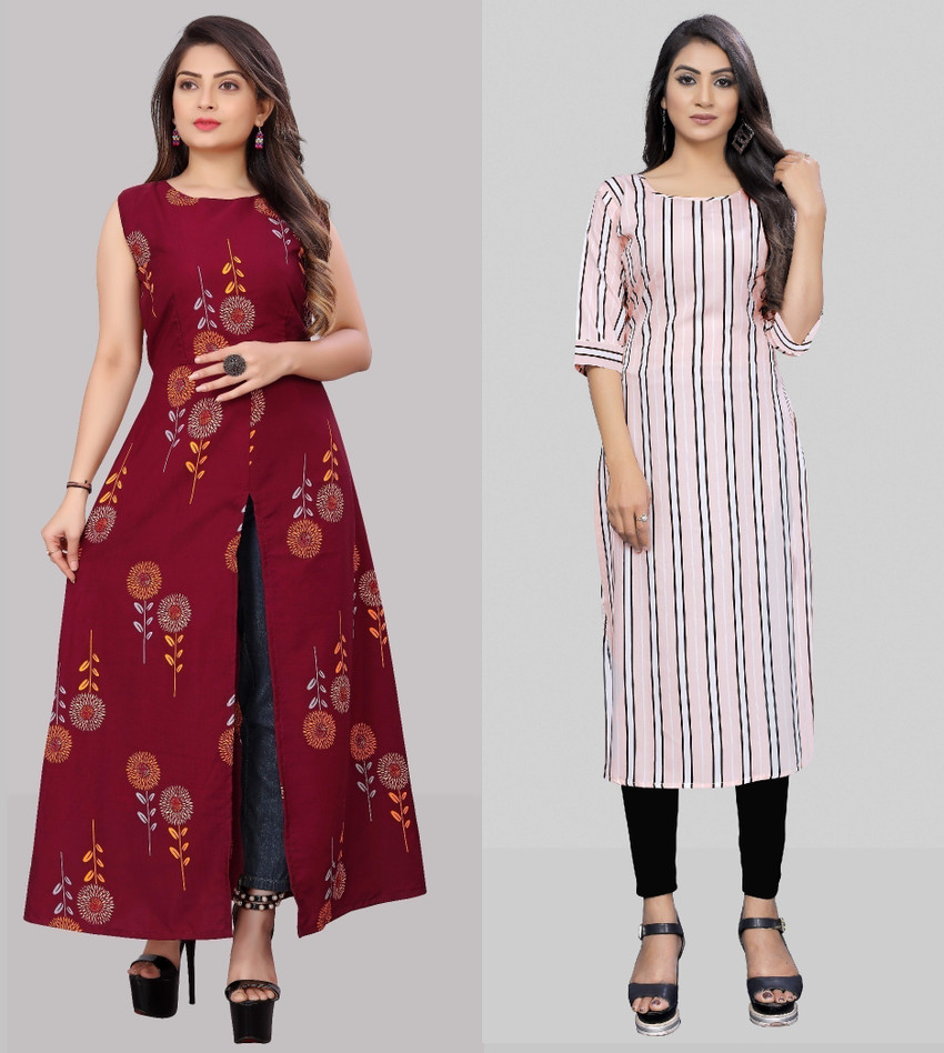 maruti fab Women Striped Floral Print Straight Kurta