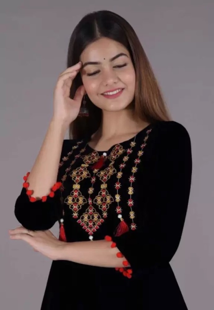 Beige and black rayon kurta with embroidery 