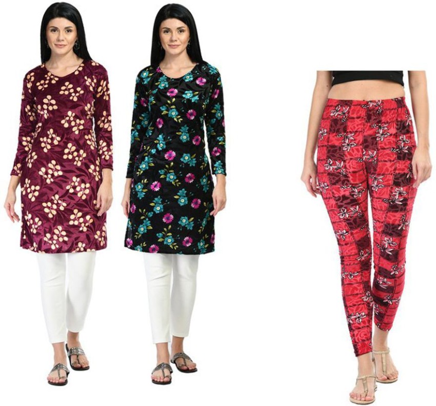 KAVYA Women Velvet Warm Printed Kurtis and Printed Velvet Leggings for  Winters [Pack of 3] kurta