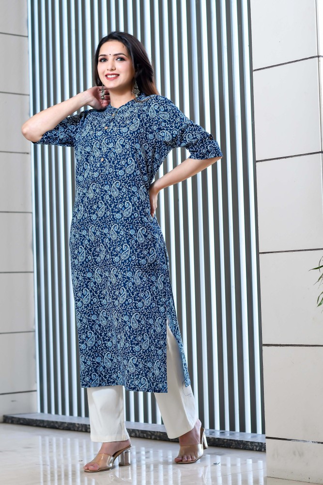 Women Blue & White Striped Pure Cotton Kurta–