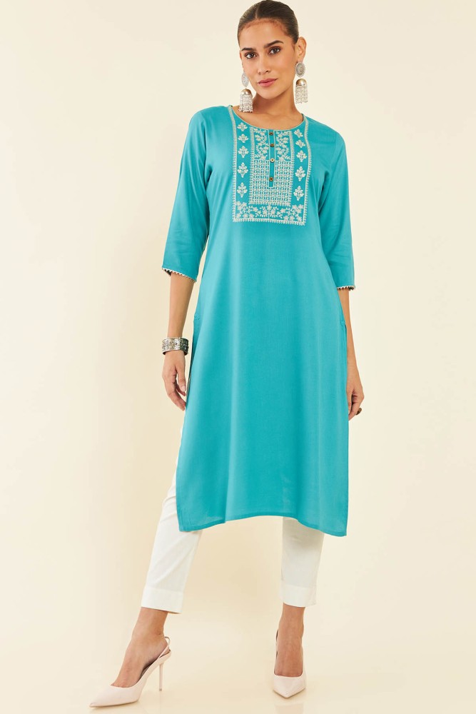 Green Viscose Rayon Striped Kurta With Embroidered Yoke Online at Soch India