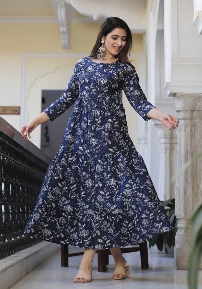 Blue long kurti with heavy adda work and prints - Kurti Fashion