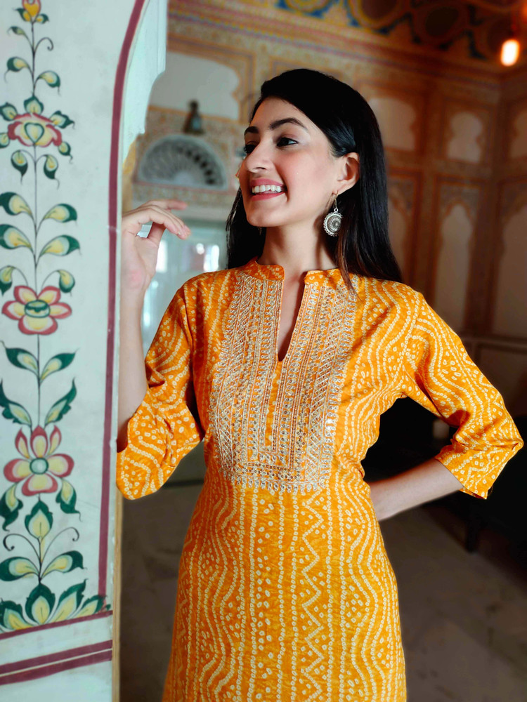 Pinkblock Women Bandhani Embroidered Straight Kurta Buy