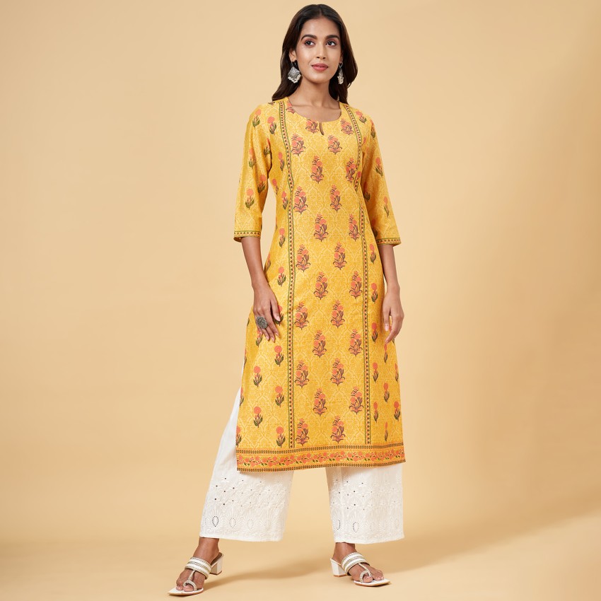 Rangmanch by Pantaloons Orange Cotton Embroidered Straight Kurta