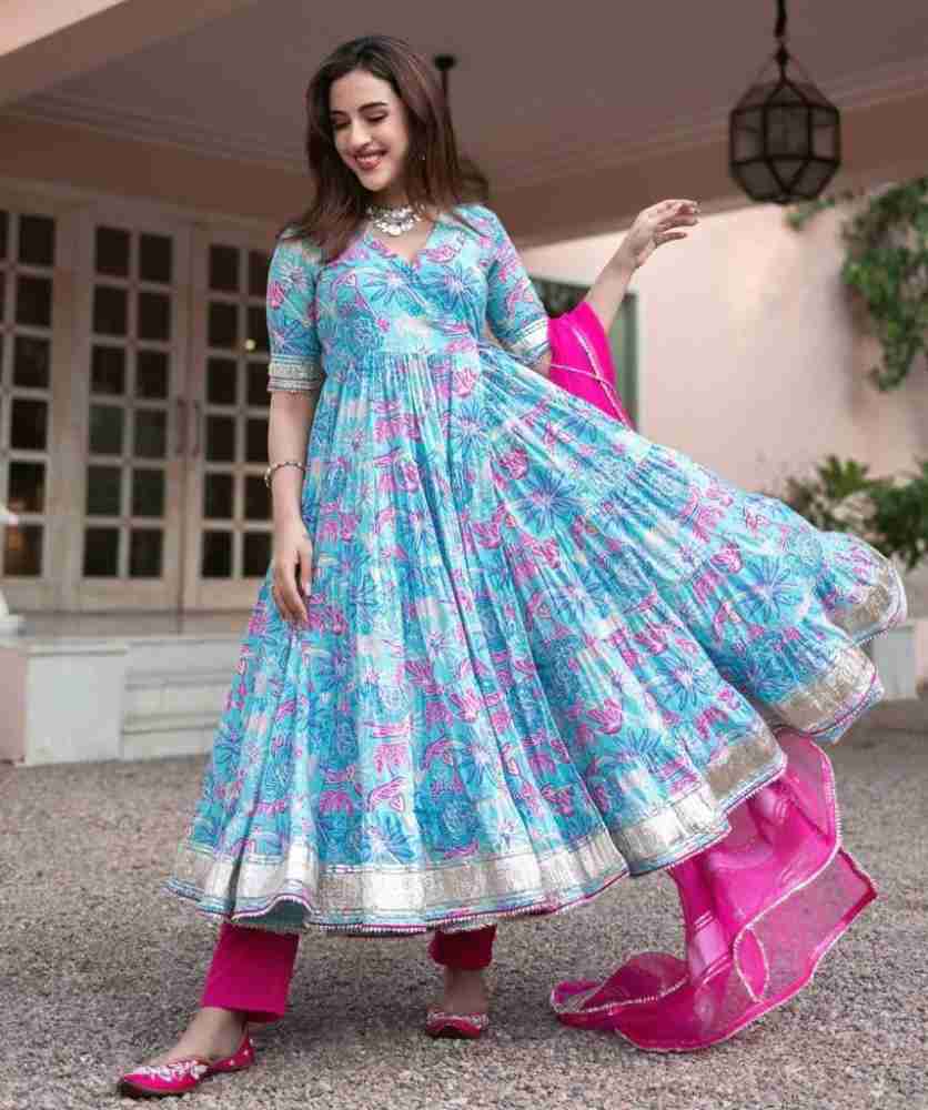 VASTARAM Floral Print Anarkali Kurta, Bottom & Dupatta Set - Buy