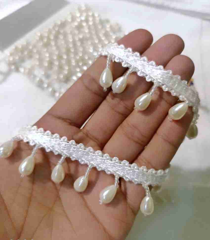 Lacesnmore  Cream Pearl and Pearl Golden moti Hanging latkan lace for  Dupatta & Designer Blouse lace, Waist Belt Hanging lace (Pearl Golden)  (9MTR) Half White Matka moti latkan lace : 
