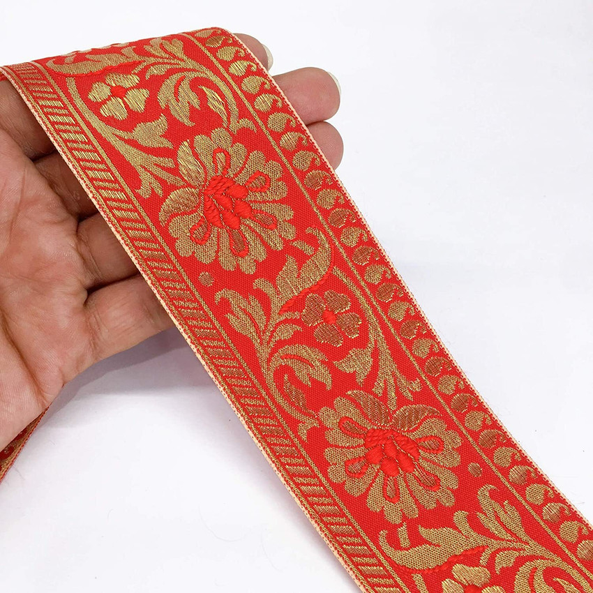 Lami 9 Meter Red Flower Design Banarasi Lace Border With Golden Jari Lace Reel Price in India Buy Lami 9 Meter Red Flower Design Banarasi Lace Border With Golden Jari Lace